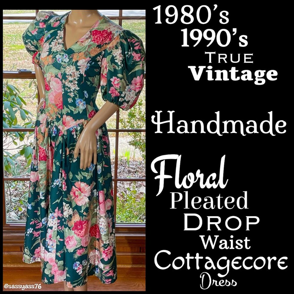 ▪️VTG▪️HANDMADE▪️1980's 1990's Floral Pleated Drop Waist COTTAGECORE Tea Dress